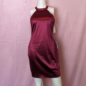 Crystal Doll Maroon Red Satin Strappy Halter Mini Bodycon Special Occasion Dress